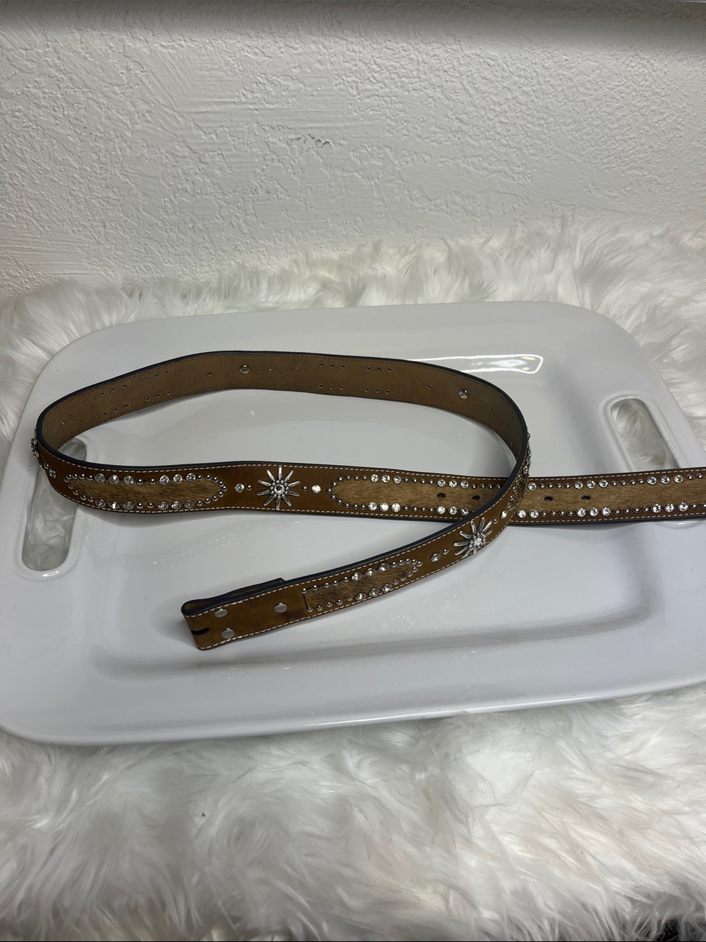 Nocona Tan Leather Belt with Crystal Starburst Accents